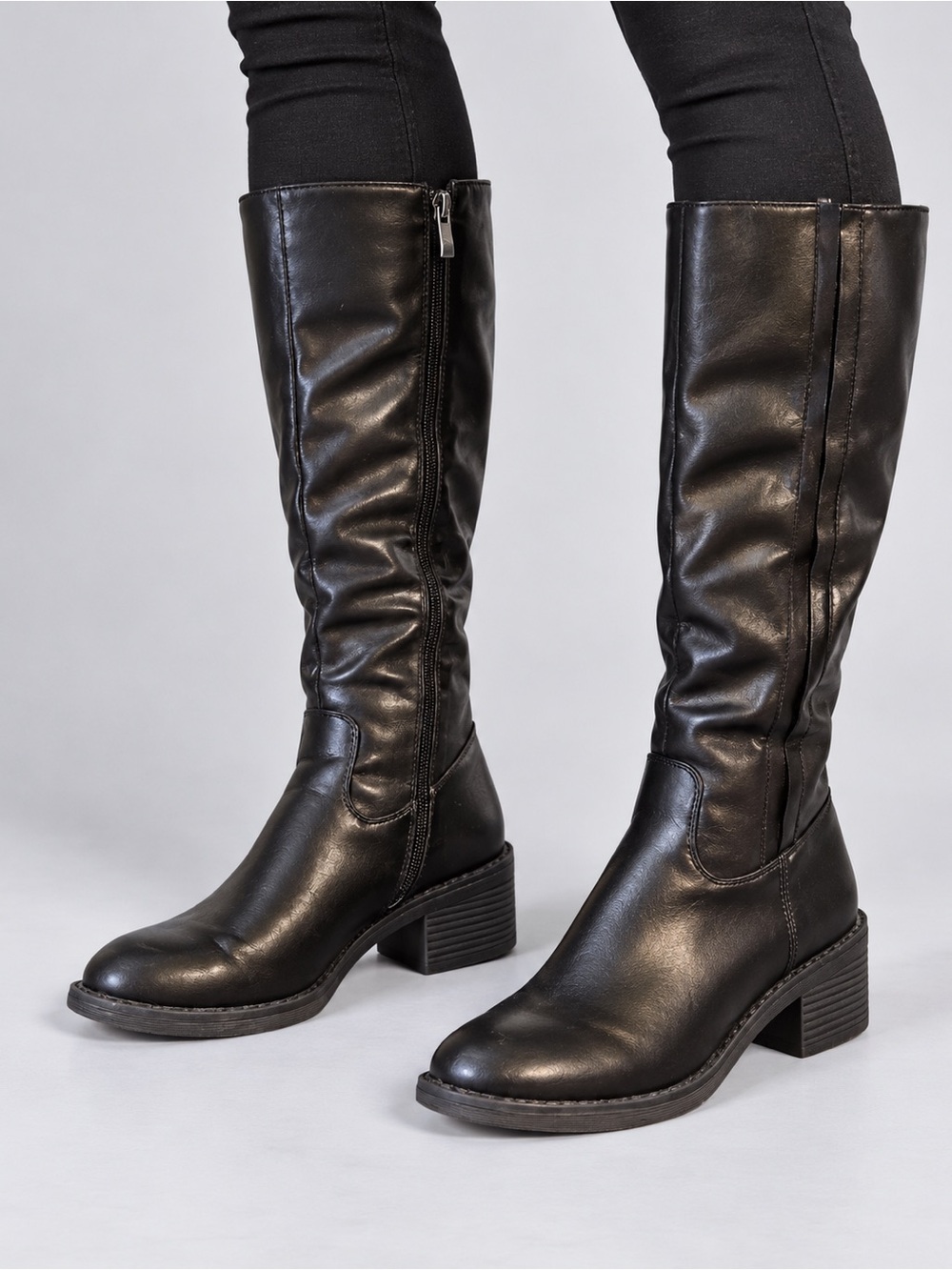 Geox Black Tall Leather Block Heel Knee Boots